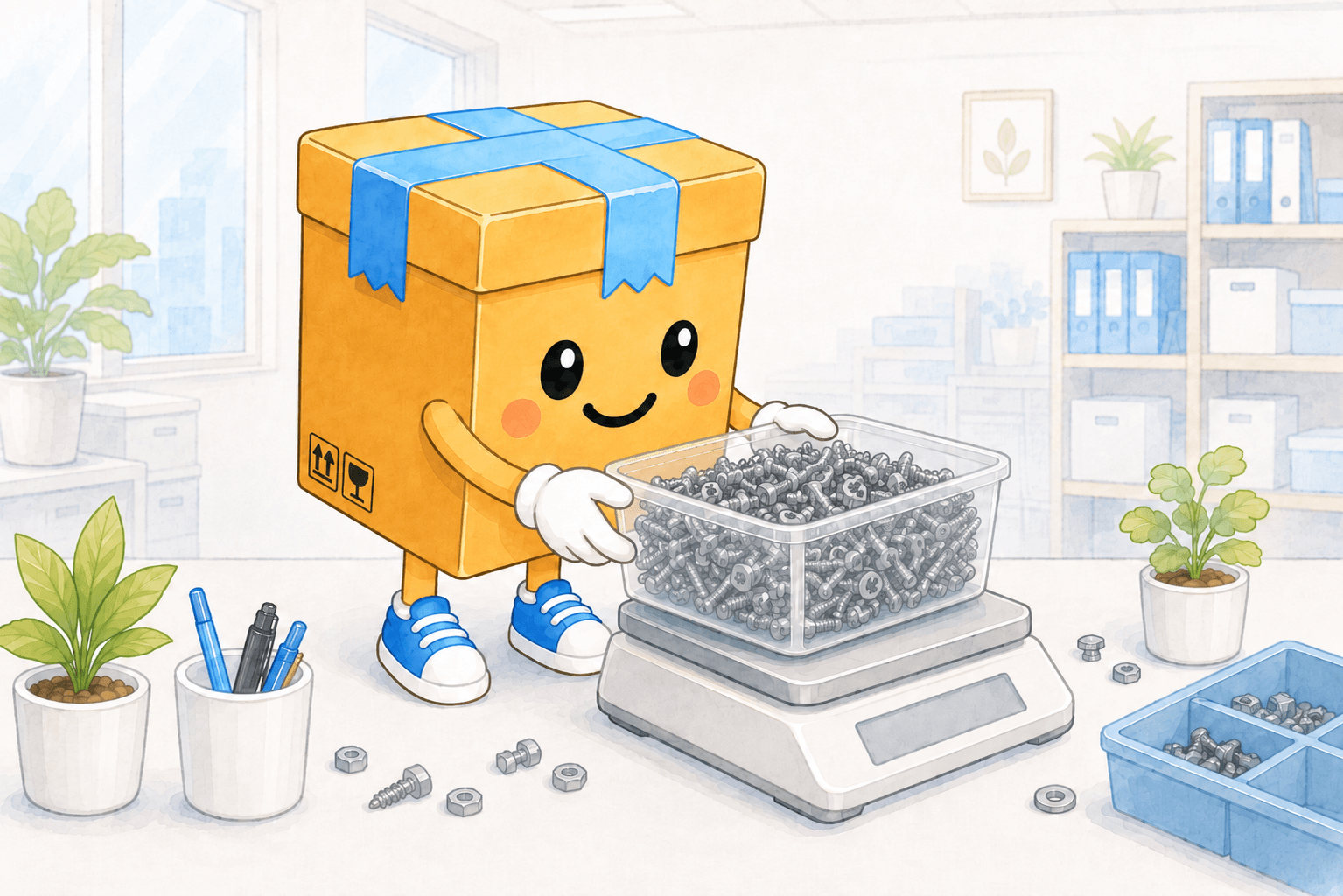 ねじなど小さな部品をはかりに載せ、総重量から個数を自動で計算しているイラスト