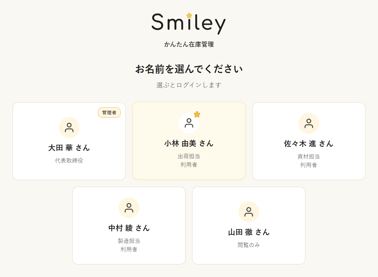 ログイン画面。担当者の名前がカードで並び、タップするだけでログインできる