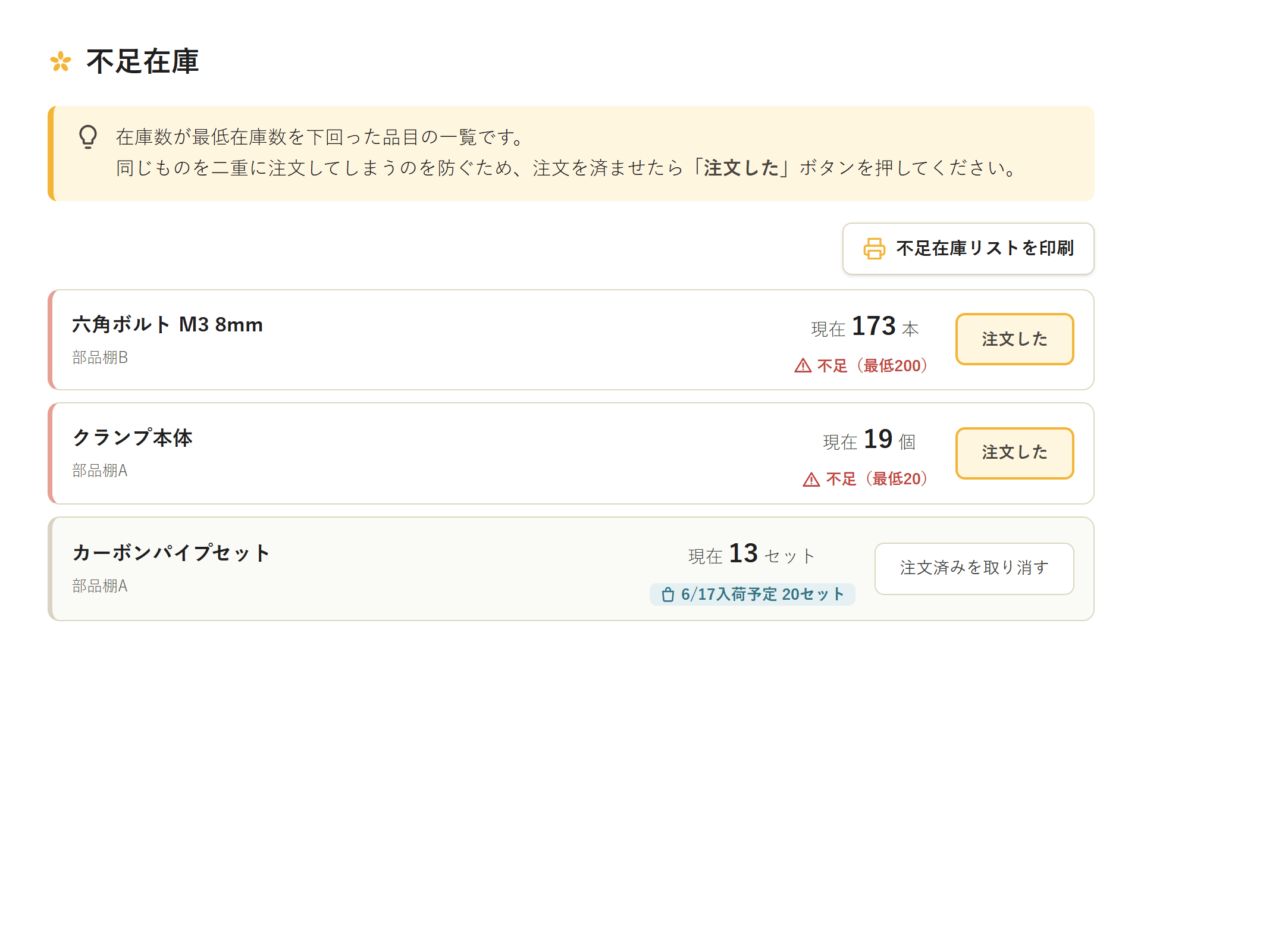 不足在庫の画面。最低在庫を下回った品物と注文済み・入荷予定の表示